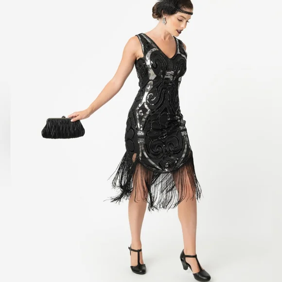 Unique Vintage Dresses Unique Vintage 92s Black Silver Beaded